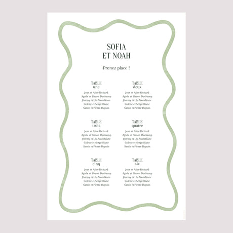 Plan de table Mariage Portrait Vagues vertes