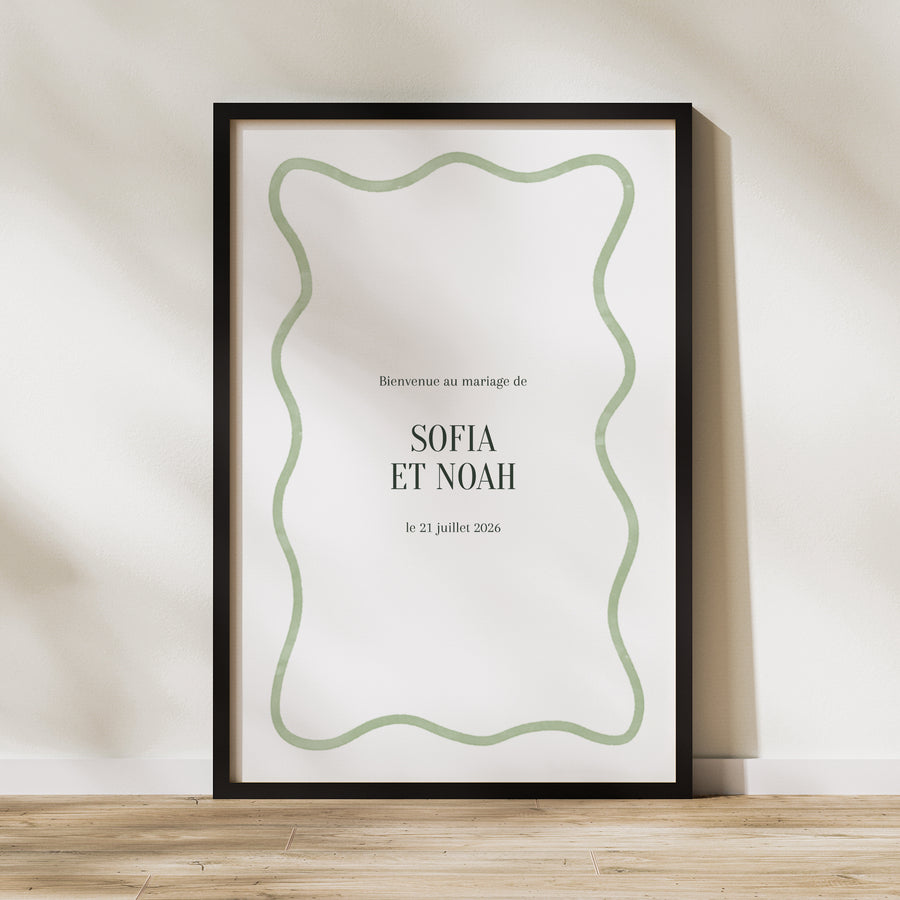 Panneau bienvenue Mariage Portrait 60 x 90 cm Vagues vertes photo