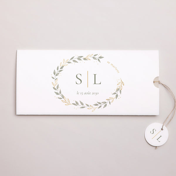 Faire-part Mariage Pochette 2 cartes, étiquette Couronne végétale dorée photo