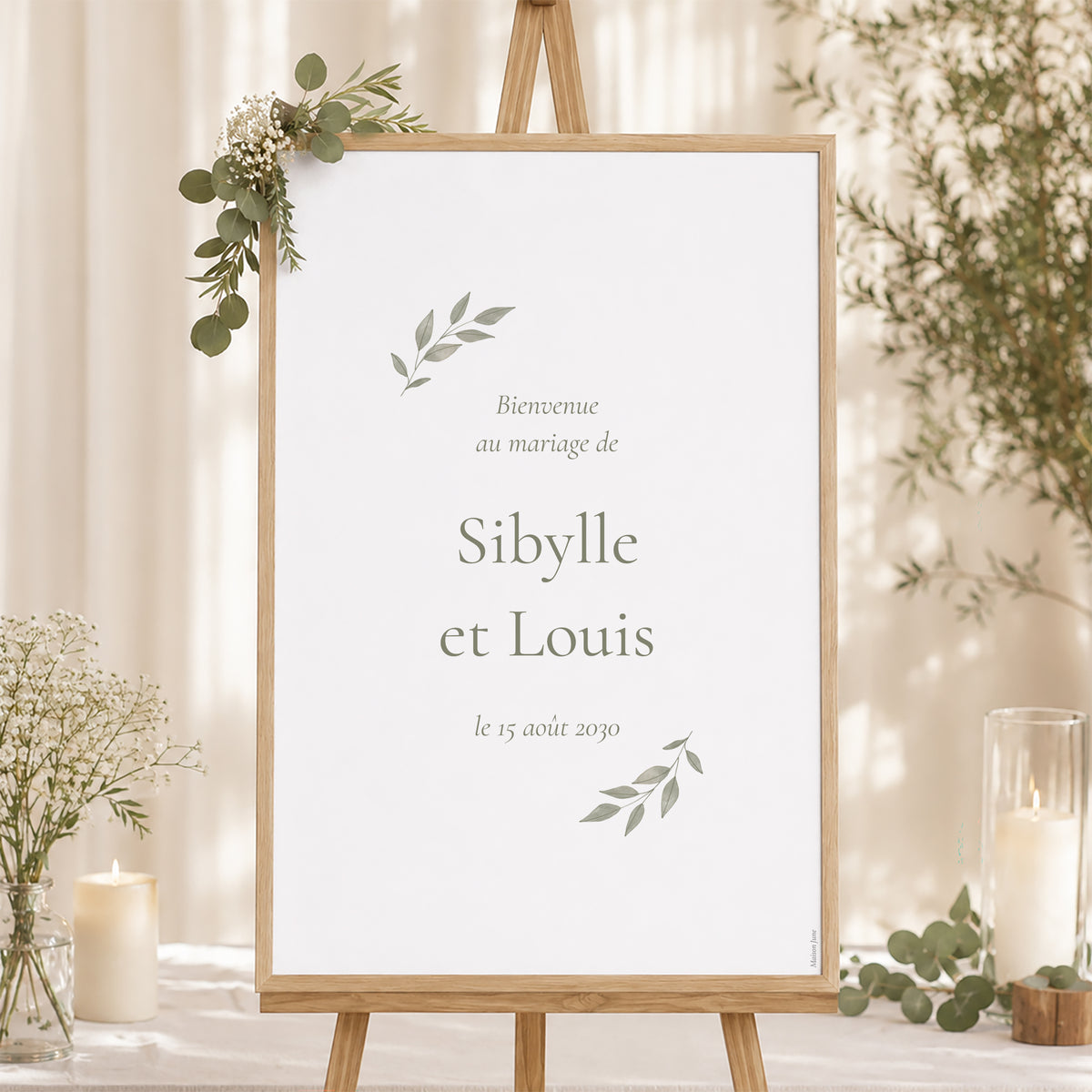 Panneau bienvenue Mariage Portrait 60 x 90 cm Couronne végétale dorée photo N° 1