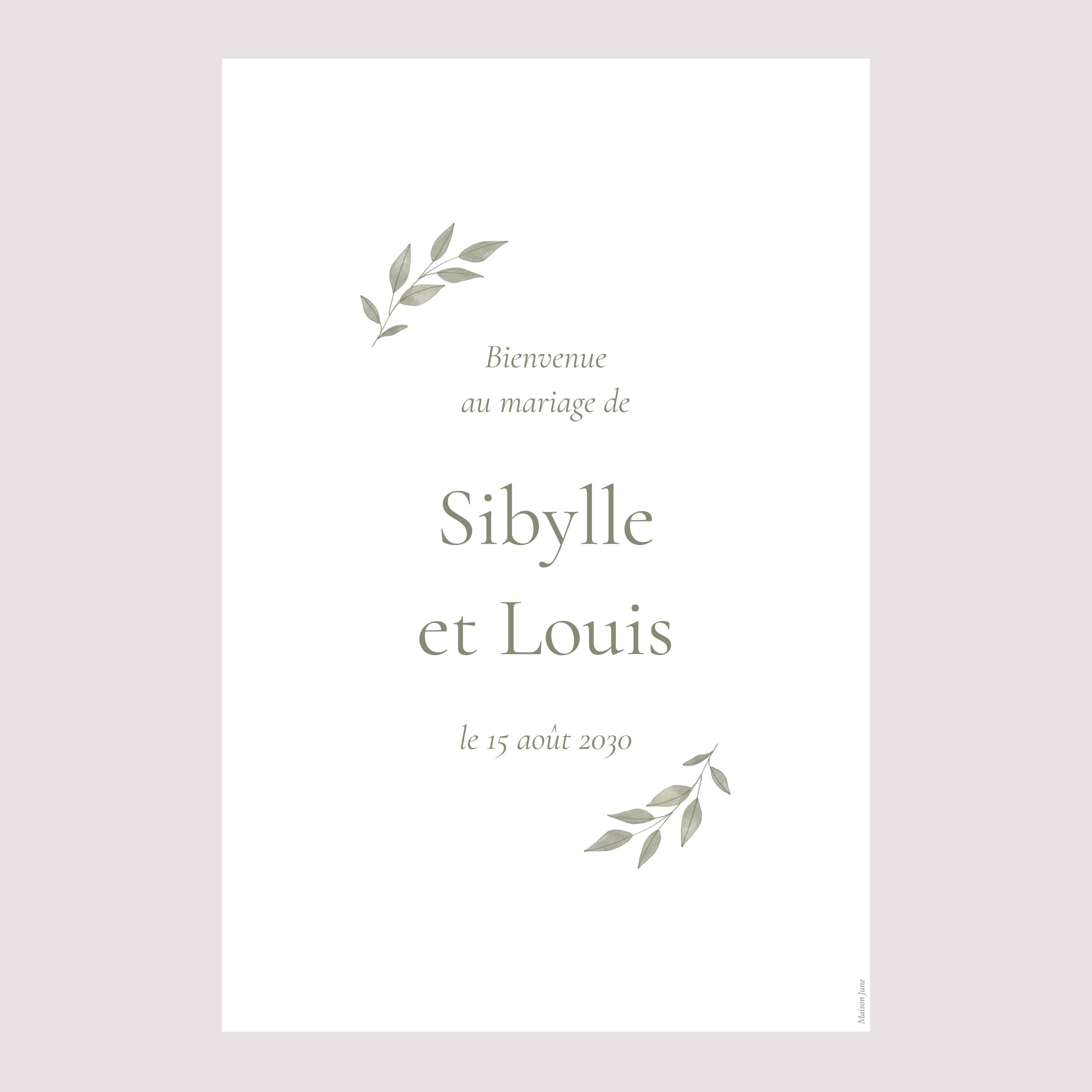 Panneau bienvenue Mariage Portrait 60 x 90 cm Couronne végétale dorée photo N° 2