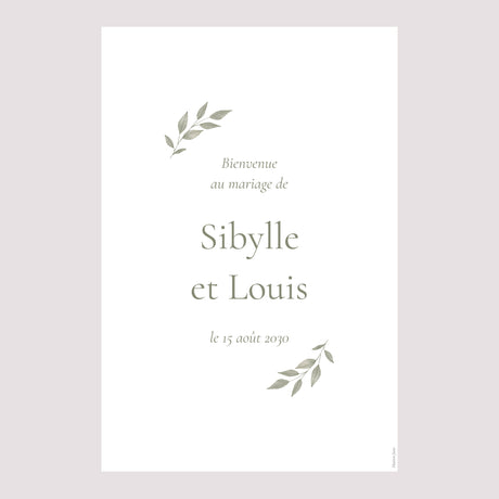 Panneau bienvenue Mariage Portrait 60 x 90 cm Couronne végétale dorée
