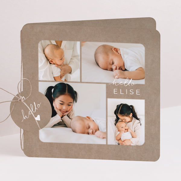 Faire-part Naissance Carré double volet, coins arrondis, étiquette ronde Composition kraft photo
