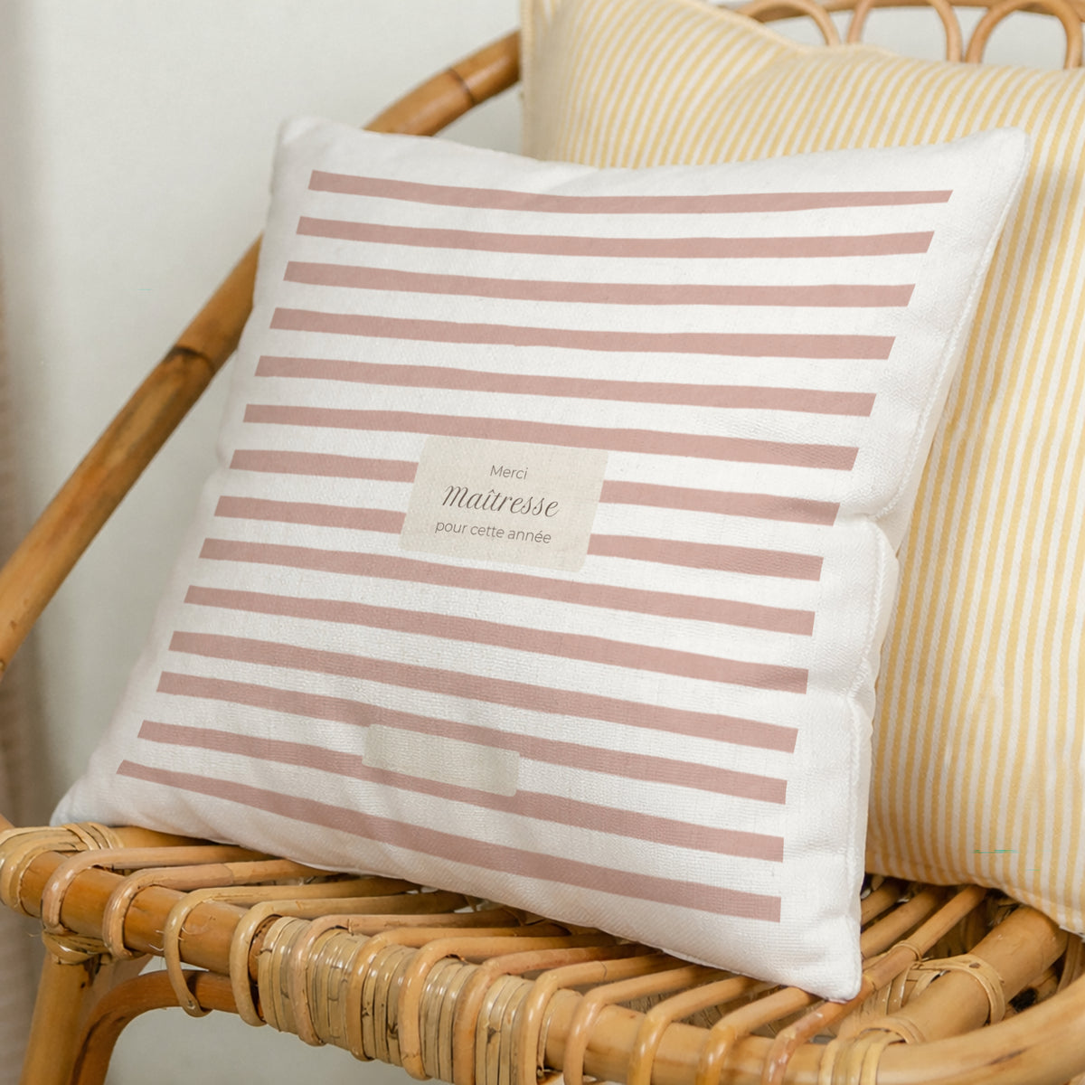 Coussin Beige naturel Rayures d’écolière, Rose photo N° 1