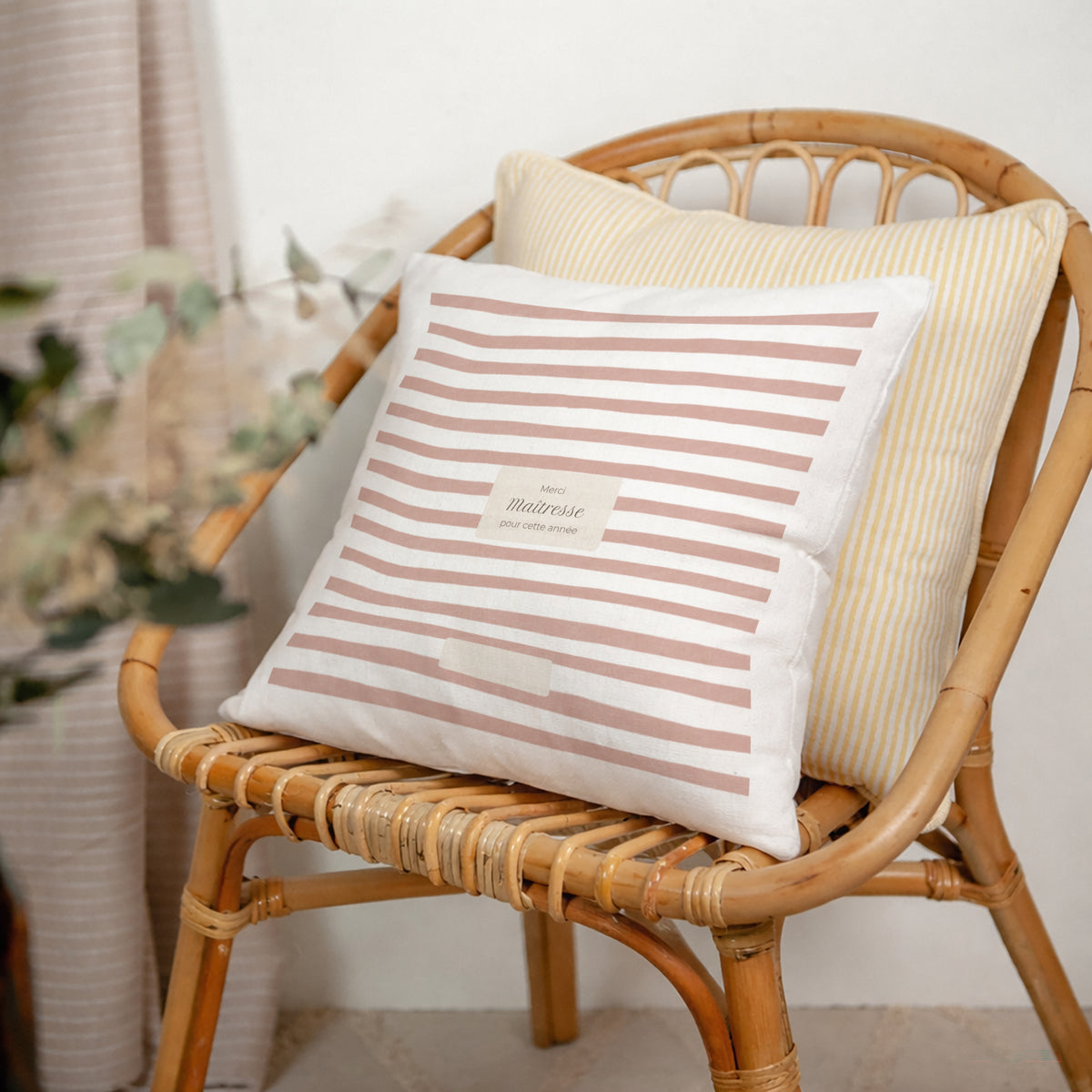 Coussin Beige naturel Rayures d’écolière, Rose photo N° 2