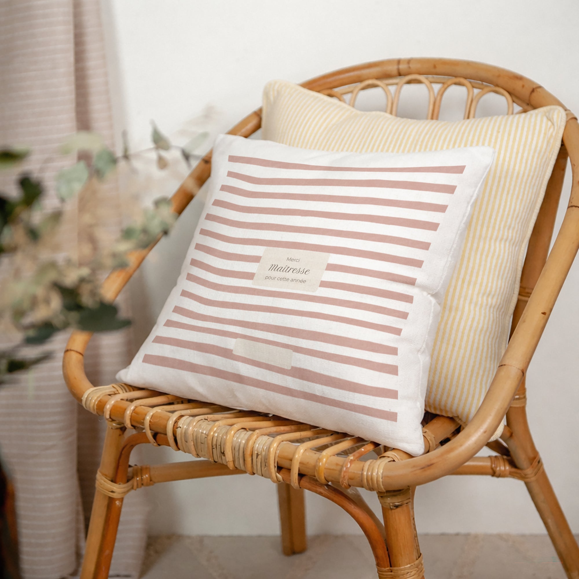 Coussin Beige naturel Rayures d’écolière, Rose photo N° 2