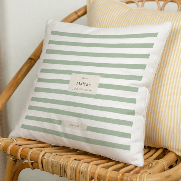 Coussin Objets Beige naturel Rayures d’écolier, Vert photo