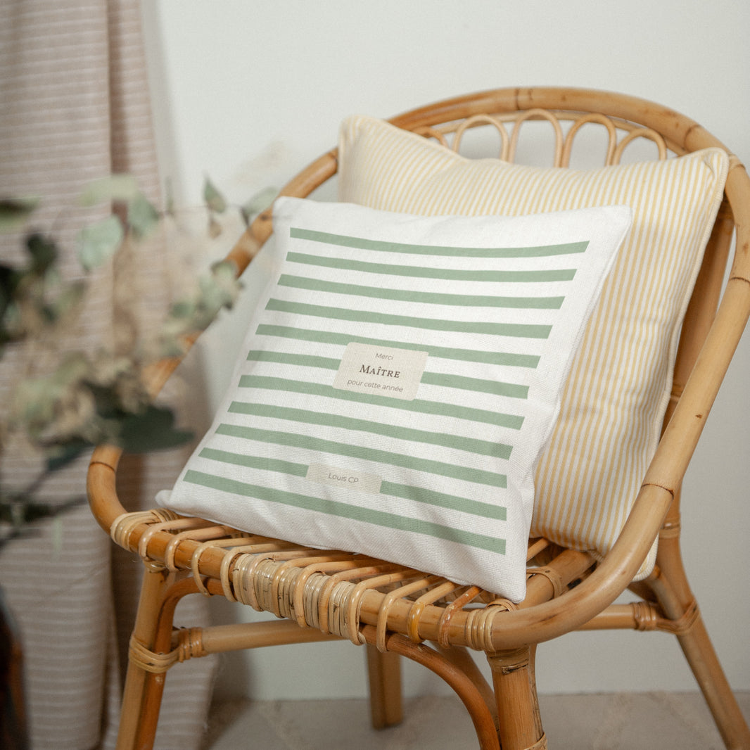 Coussin Objets Beige naturel Rayures d’écolier, Vert photo N° 2