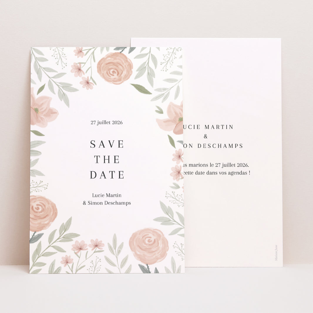 Save the date Mariage Portrait Encadré floral photo N° 1