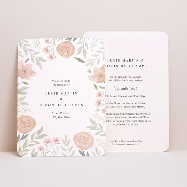 Faire-part Mariage Portrait, bords arrondis Encadré floral photo