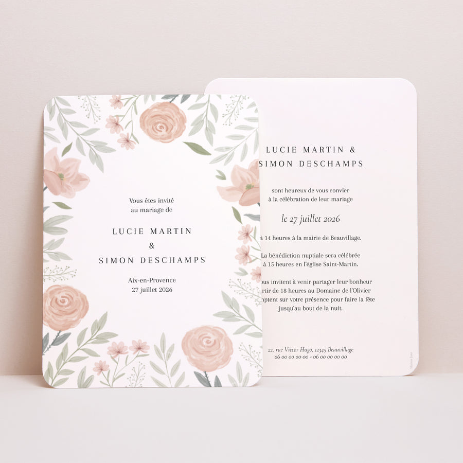 Faire-part Mariage Portrait, bords arrondis Encadré floral photo