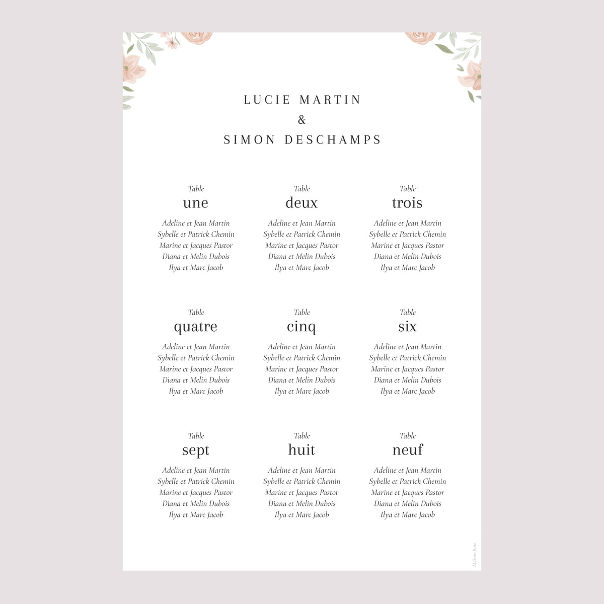 Plan de table Mariage Portrait Encadré floral photo N° 2