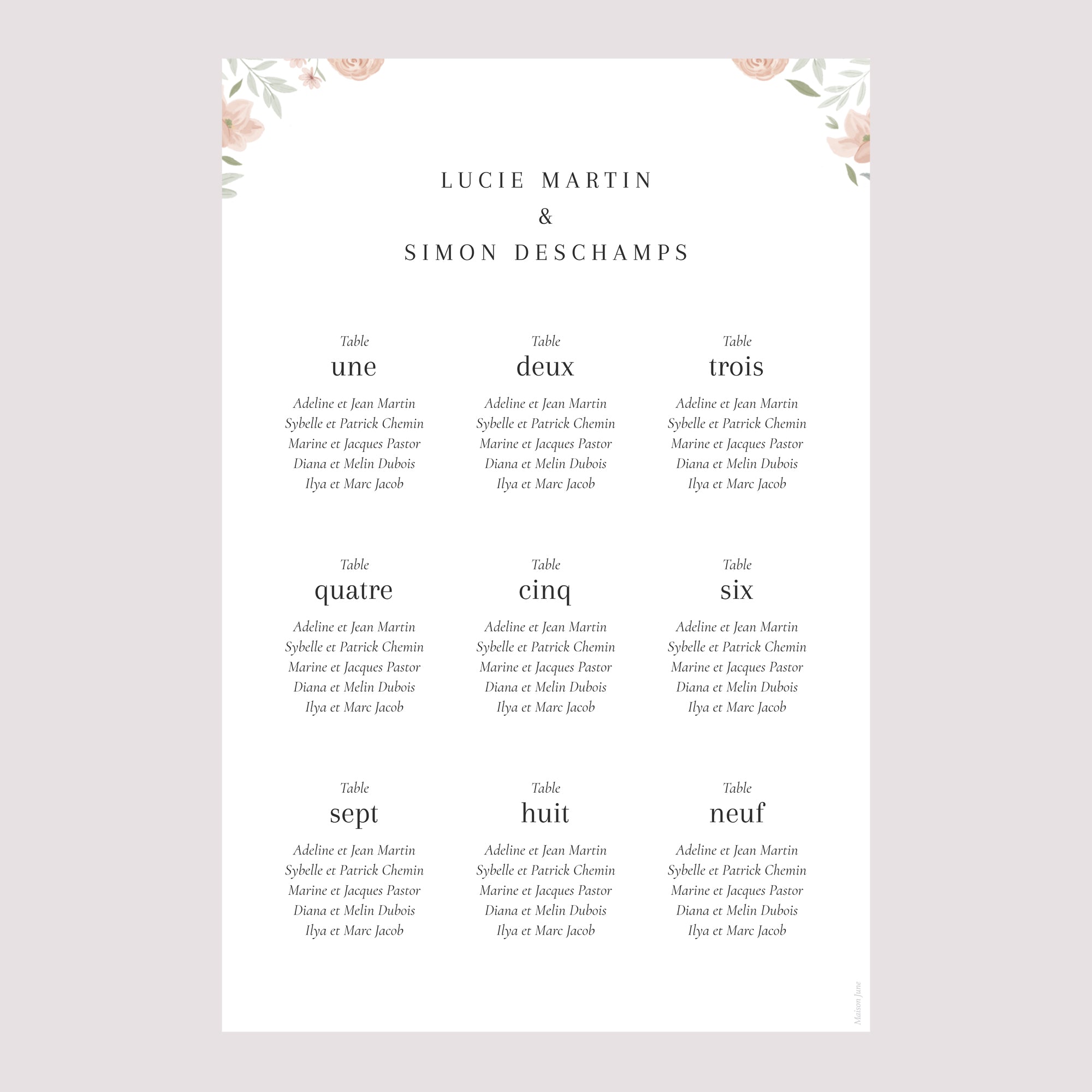 Plan de table Mariage Portrait Encadré floral photo N° 2