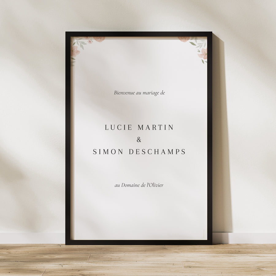 Panneau bienvenue Mariage Portrait 60 x 90 cm Encadré floral photo