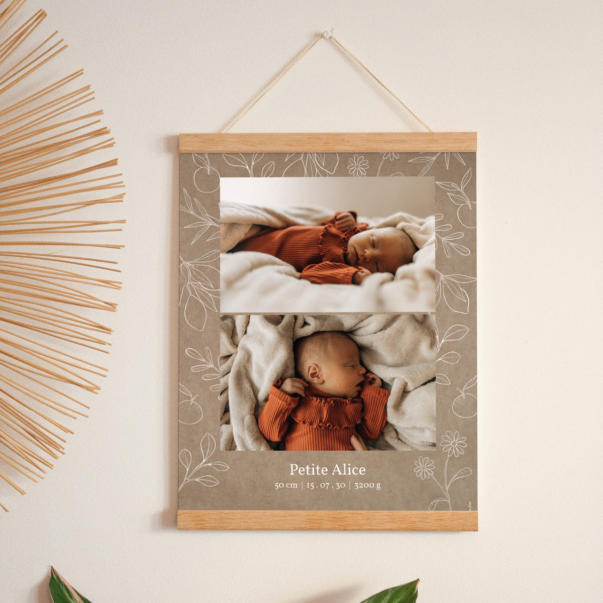 Affiche Naissance Portrait 30 x 40 cm Kraft motif herbier photo N° 1