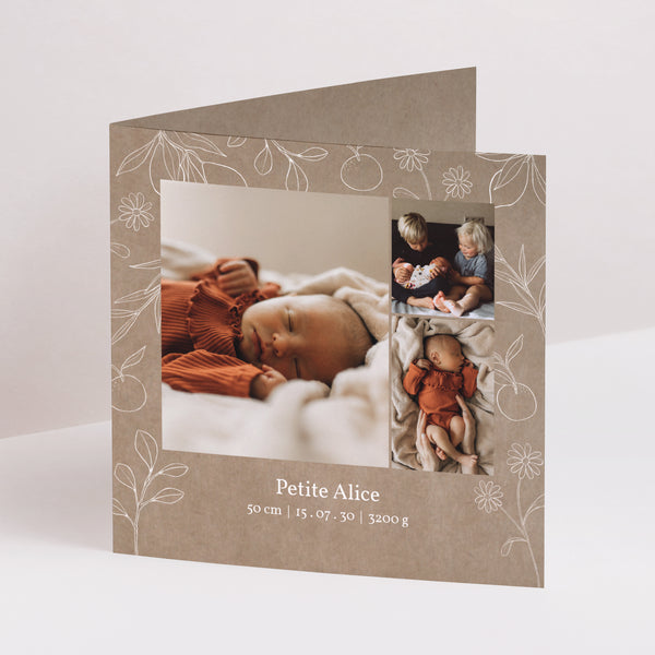 Faire-part Naissance Carré double volet Kraft motif herbier photo
