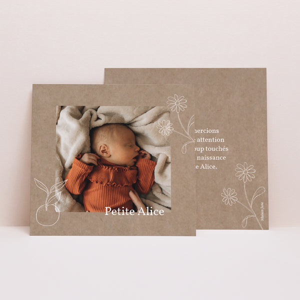 Remerciements Naissance Carré Kraft motif herbier photo