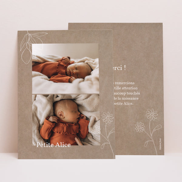 Remerciements Naissance Portrait Kraft motif herbier photo