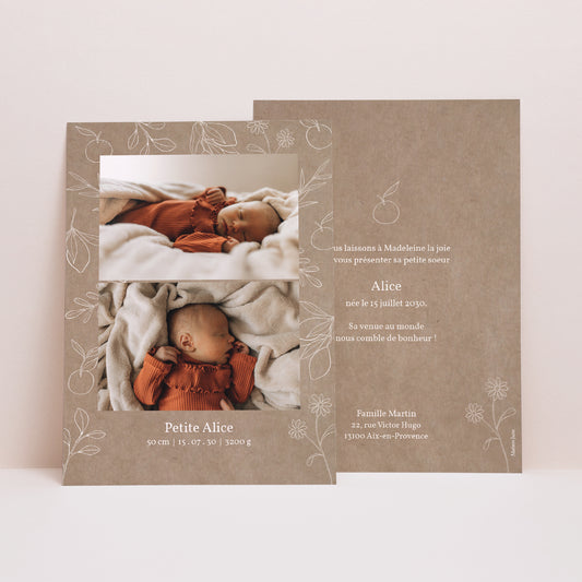 Faire-part Naissance Portrait Kraft motif herbier photo