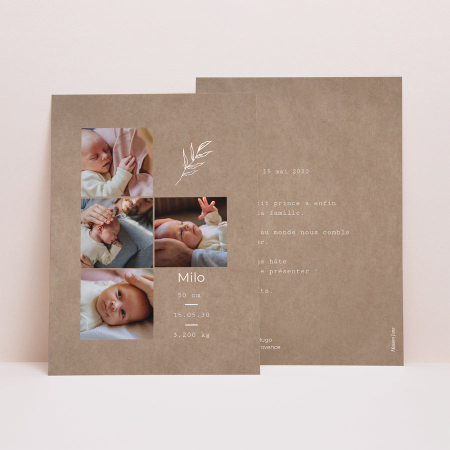 Faire-part Naissance Portrait brin et kraft photo