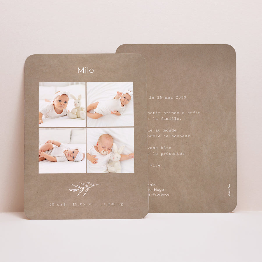 Faire-part Naissance Portrait, bords arrondis brin et kraft photo