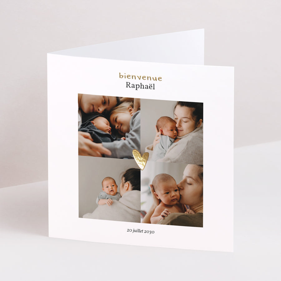 Faire-part Naissance Carré double volet Coeur dorure multiphotos photo