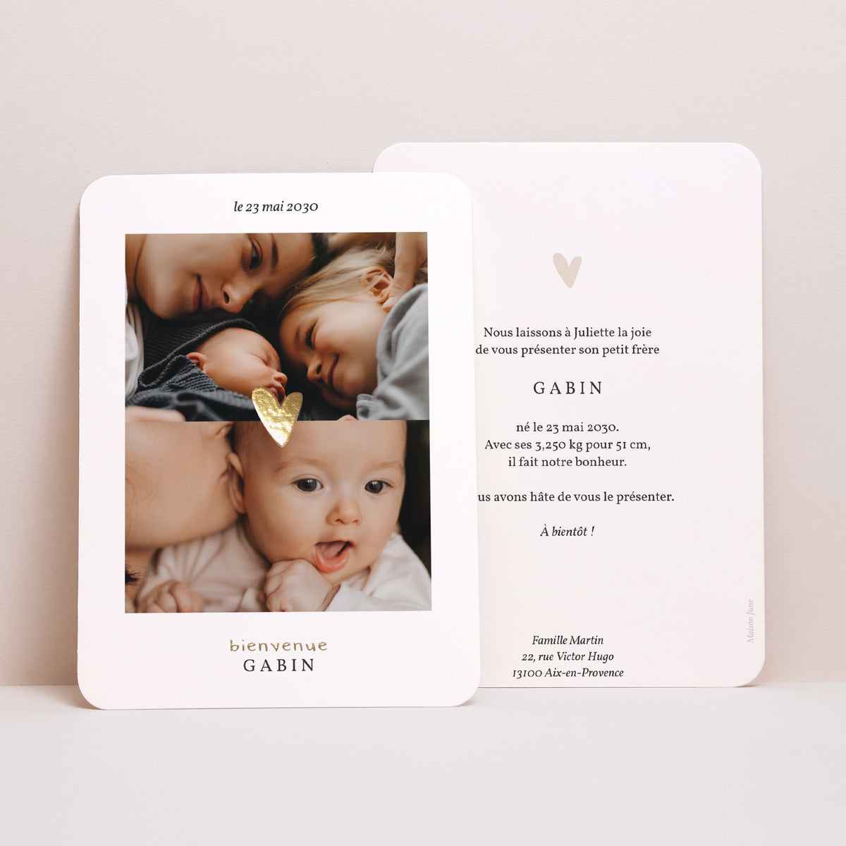 Faire-part Naissance Portrait, bords arrondis Coeur dorure multiphotos photo