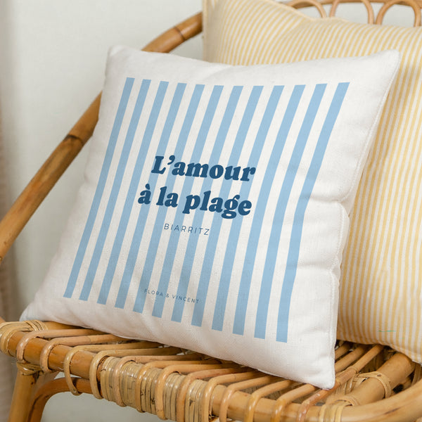 Coussin Objets Beige naturel L'amour à la plage bleu photo