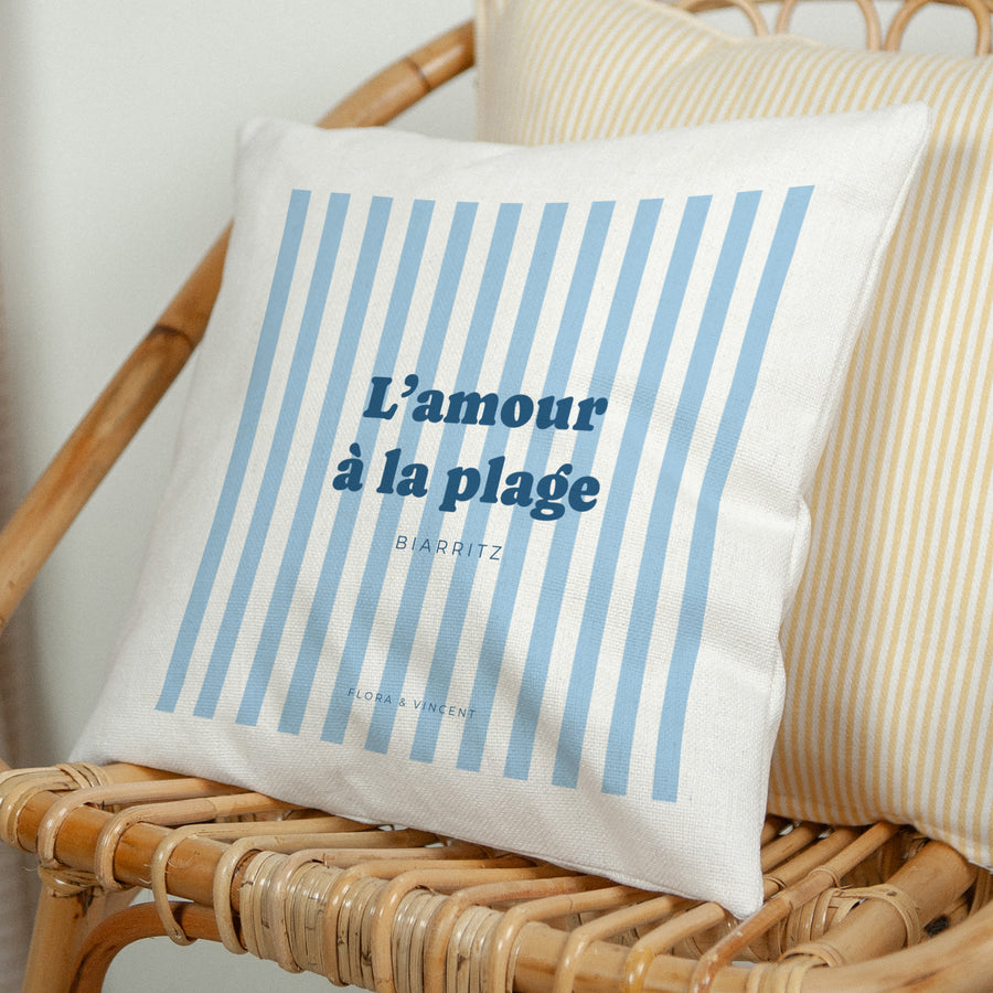 Coussin Objets Beige naturel L'amour à la plage bleu photo