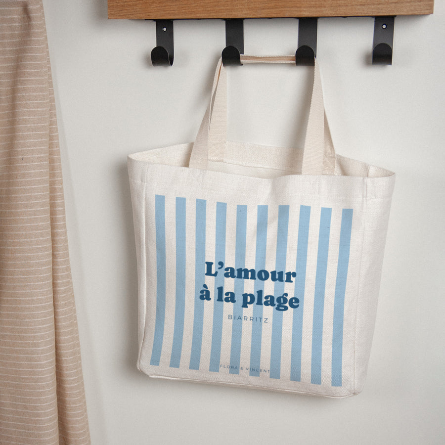 Tote bag Objets Anse en toile L'amour à la plage bleu photo