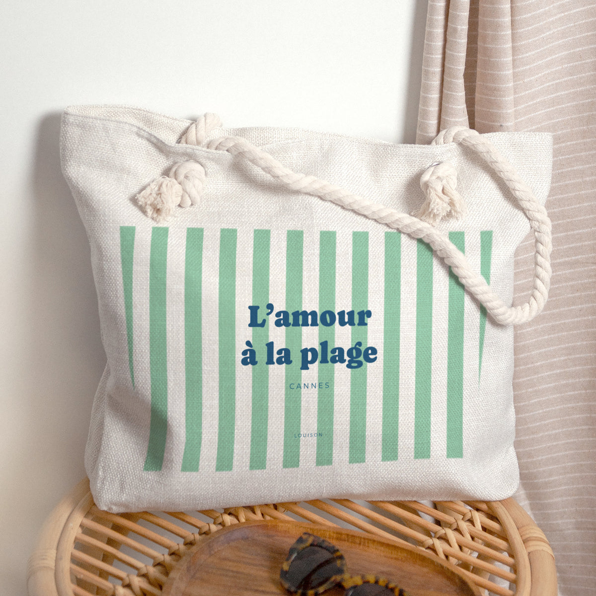 Sac cabas Objets Anse en corde L'amour à la plage vert photo N° 1