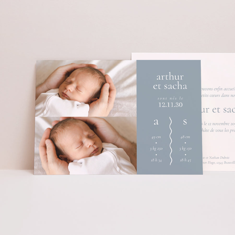 Faire-part Naissance Paysage Jumeaux couleur bleue photo