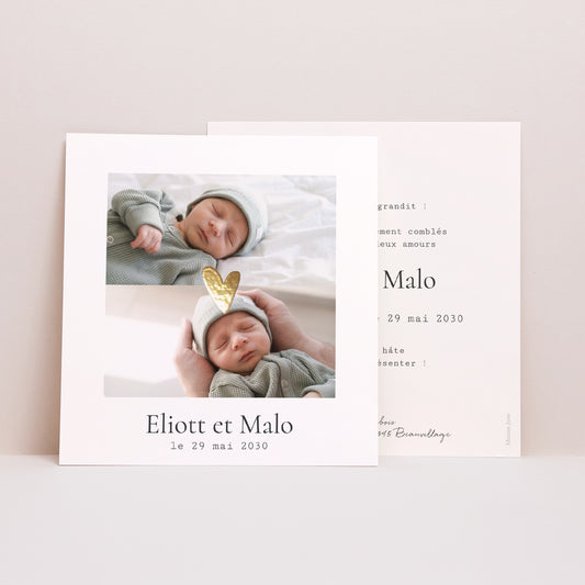 Faire-part Naissance Carré Photo coeur dorure photo