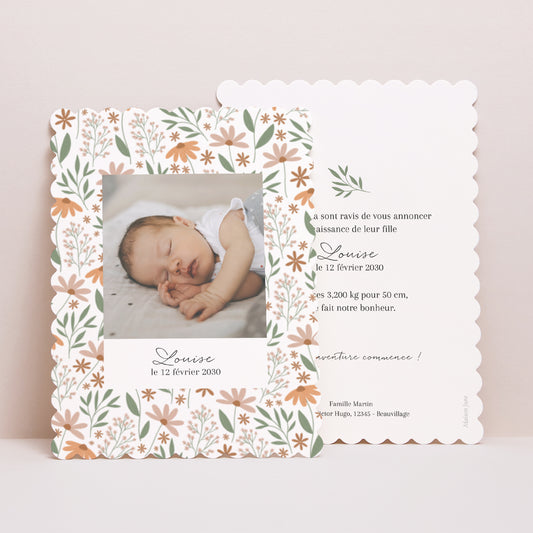 Faire-part Naissance Portrait, bords biscuit Un été fleuri photo