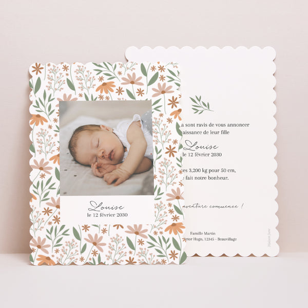 Faire-part Naissance Portrait, bords biscuit Un été fleuri photo