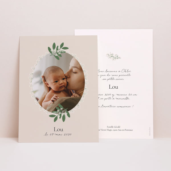 Faire-part Naissance Portrait Médaillon fleuri photo