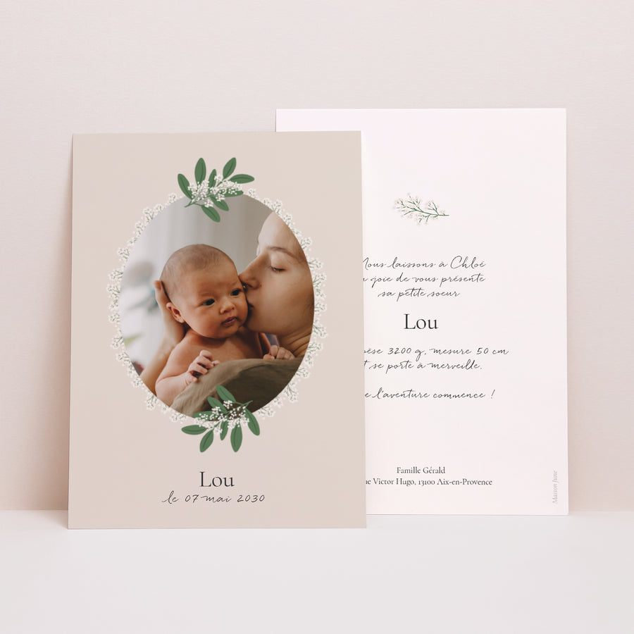 Faire-part Naissance Portrait Médaillon fleuri photo