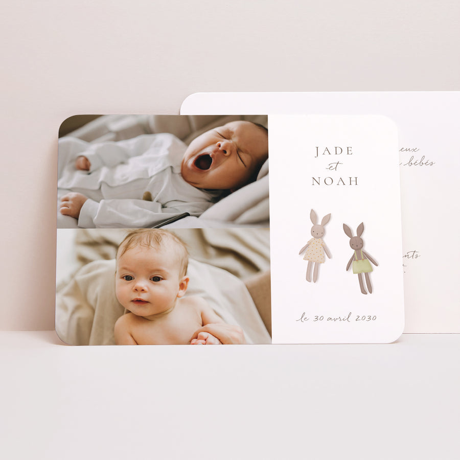 Faire-part Naissance Paysage, bords arrondis Mon doudou Lapin Vert et Rose photo