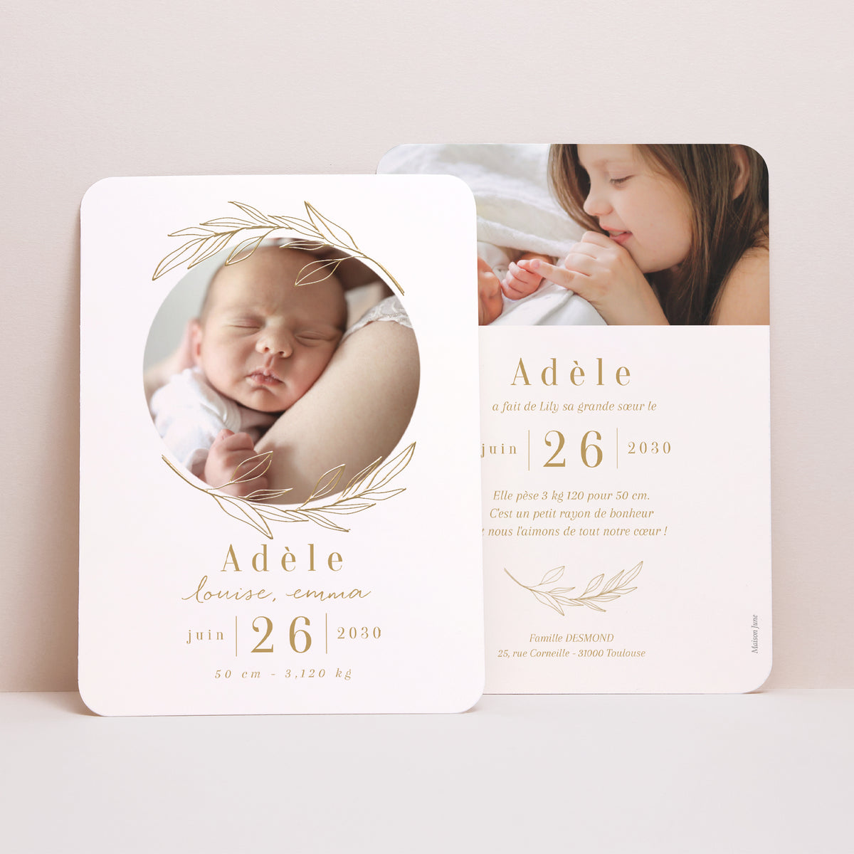 Faire-part Naissance Portrait, bords arrondis Auréole Dorée photo