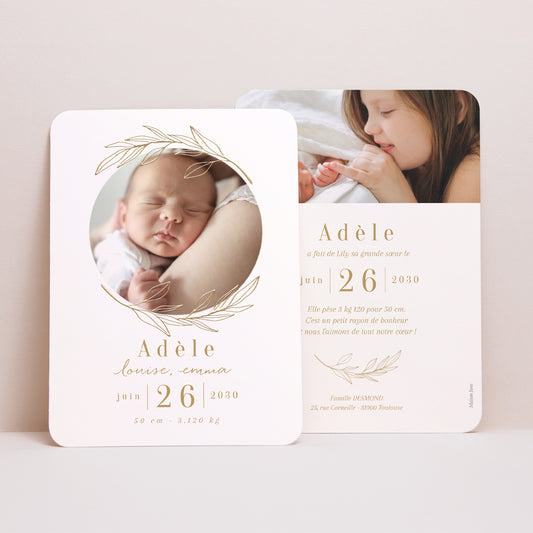 Faire-part Naissance Portrait, bords arrondis Auréole Dorée photo