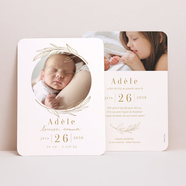Faire-part Naissance Portrait, bords arrondis Auréole Dorée photo