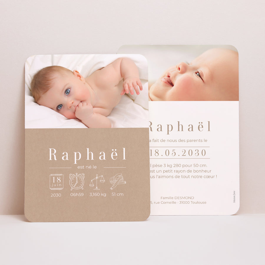 Faire-part Naissance Portrait, bords arrondis Kraft icônes photo