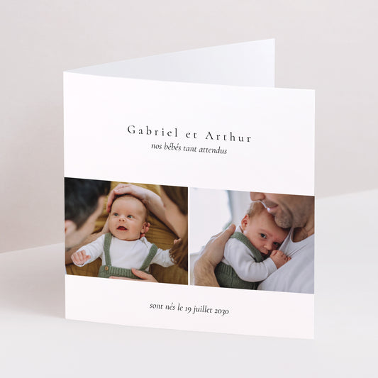 Faire-part Naissance Carré double volet Multiphotos jumeaux III photo