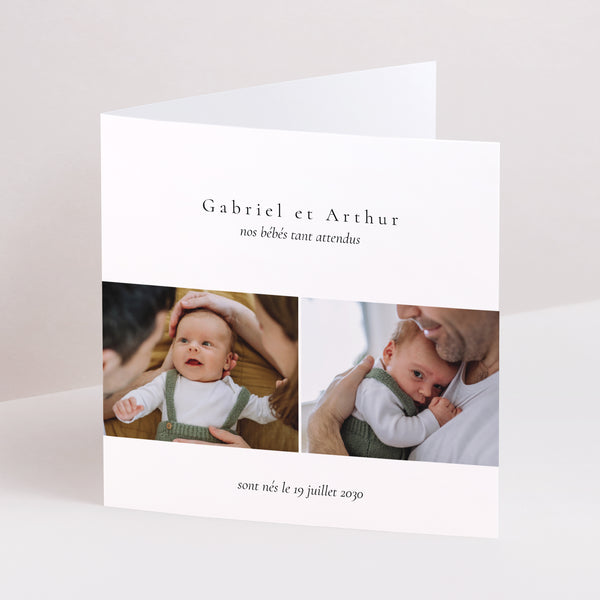 Faire-part Naissance Carré double volet Multiphotos jumeaux III photo