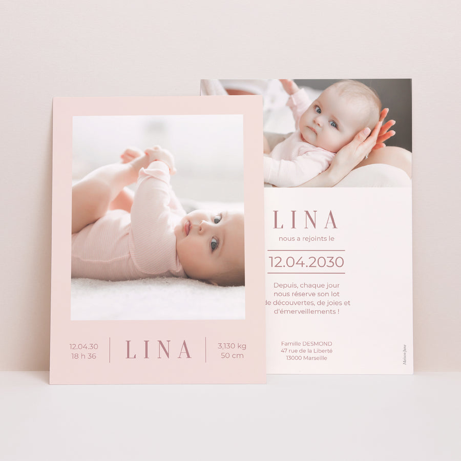 Faire-part Naissance Portrait Epuré rose photo