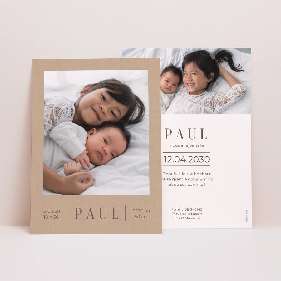 Faire-part Naissance Portrait Epuré Kraft photo