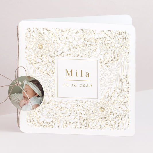 Faire-part Naissance Carré double volet, coins arrondis, étiquette ronde Brise dorée photo