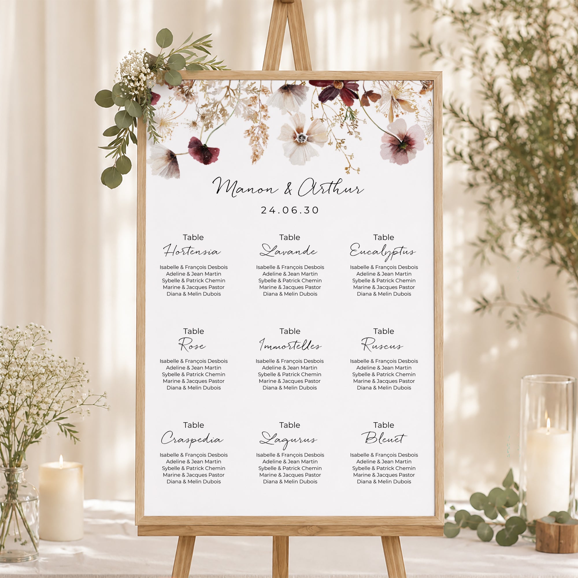 Plan de table Mariage Portrait 60 x 90 cm Fleurs séchées des prés photo N° 1