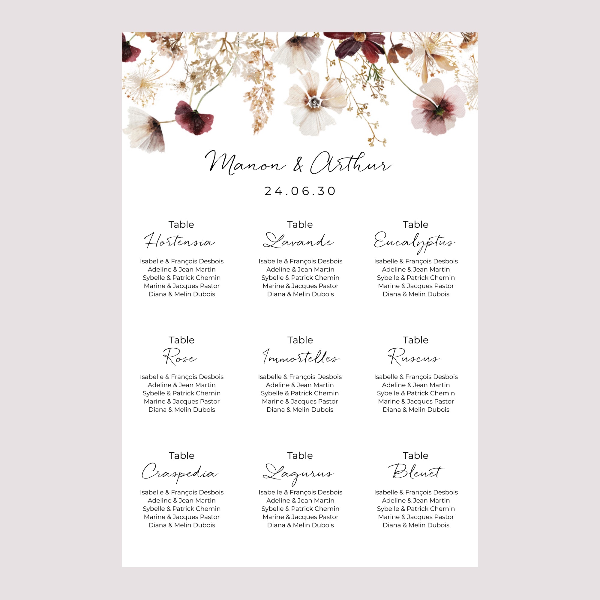 Plan de table Mariage Portrait 60 x 90 cm Fleurs séchées des prés photo N° 2