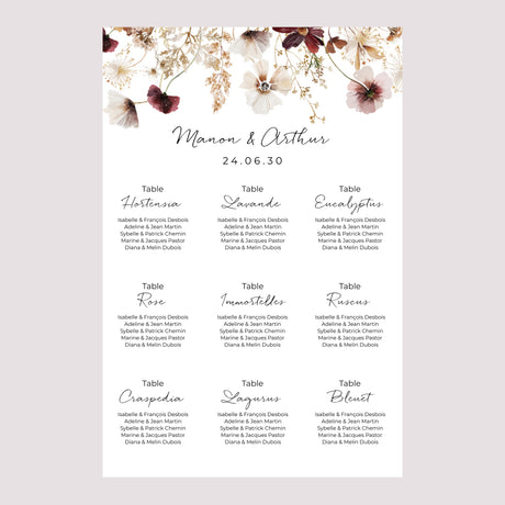 Plan de table Mariage Portrait 60 x 90 cm Fleurs séchées des prés